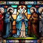 A stained-glass window depicting various Christian saints gathered together in prayer. - role of saints in Christianity