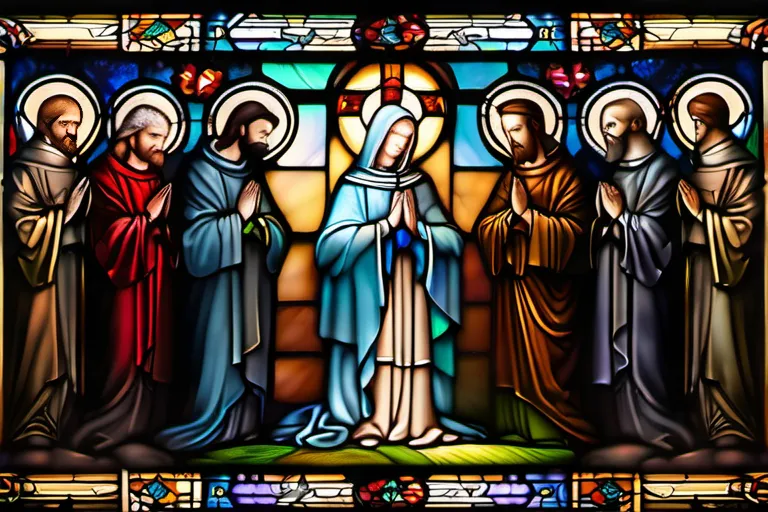 A stained-glass window depicting various Christian saints gathered together in prayer. - role of saints in Christianity