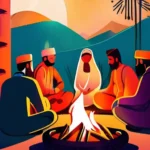 A vibrant illustration depicting a group of people gathered around a fire, listening to a storyteller recount tales from Islamic tradition. - Islam, Storytelling, Islamic Culture