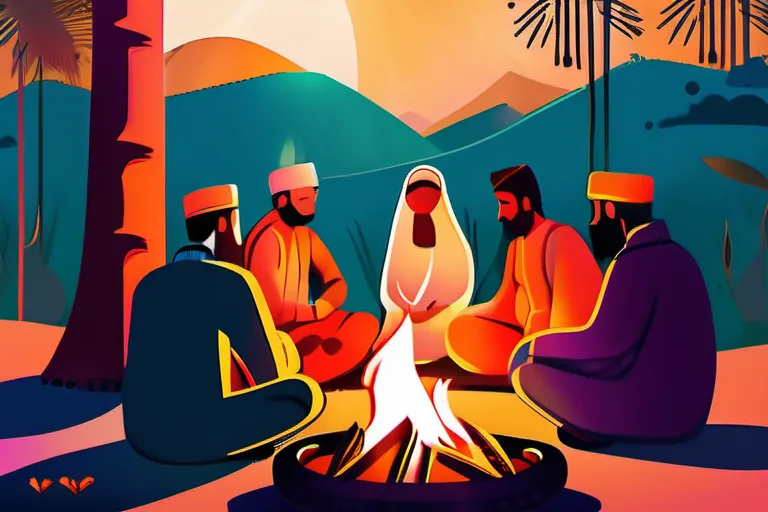 A vibrant illustration depicting a group of people gathered around a fire, listening to a storyteller recount tales from Islamic tradition. - Islam, Storytelling, Islamic Culture