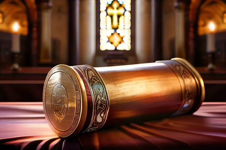 A beautifully illuminated Torah scroll resting on a bimah within a historic synagogue. - synagogue judaism