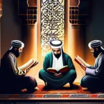 A group of scholars sitting together, discussing Islamic texts, with a Quran and books open before them. - Ulema in Islam