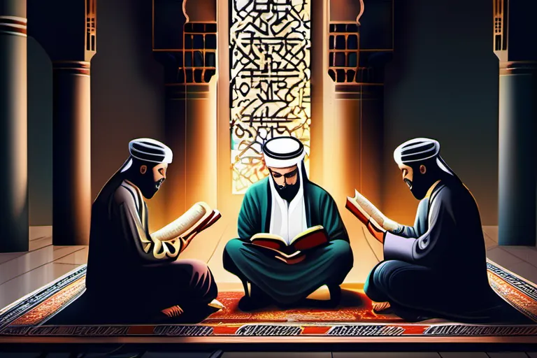 A group of scholars sitting together, discussing Islamic texts, with a Quran and books open before them. - Ulema in Islam