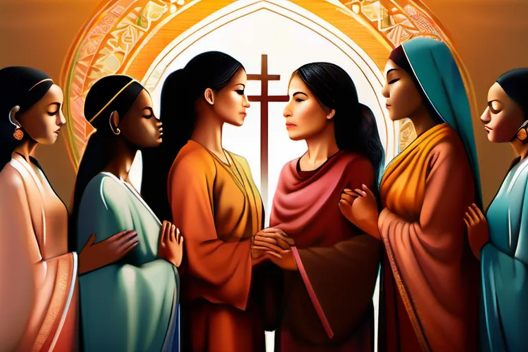 A powerful image depicting a diverse group of women from different religions standing together, symbolizing unity and equality in faith. - women in religion