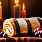 A beautifully illuminated Torah scroll resting on a table adorned with candles, challah bread, and grape juice, symbolizing the Sabbath meal. - Sabbath