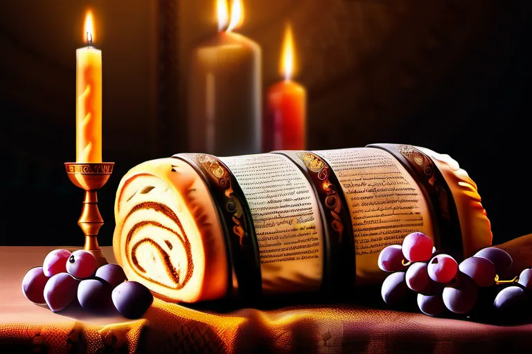 A beautifully illuminated Torah scroll resting on a table adorned with candles, challah bread, and grape juice, symbolizing the Sabbath meal. - Sabbath