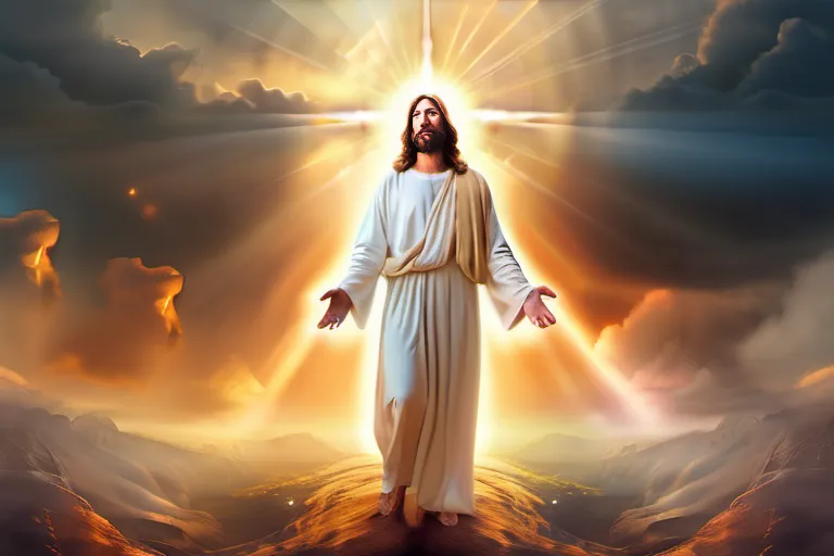 A depiction of Jesus Christ returning to Earth with a glowing aura and surrounded by clouds. - Second Coming of Christ