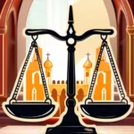 A stylized illustration of a balance scale with a church on one side and a government building on the other, symbolizing the delicate balance between religion and governance. - separation of church and state