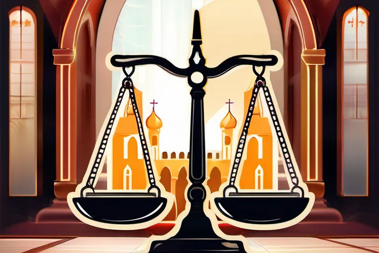 A stylized illustration of a balance scale with a church on one side and a government building on the other, symbolizing the delicate balance between religion and governance. - separation of church and state