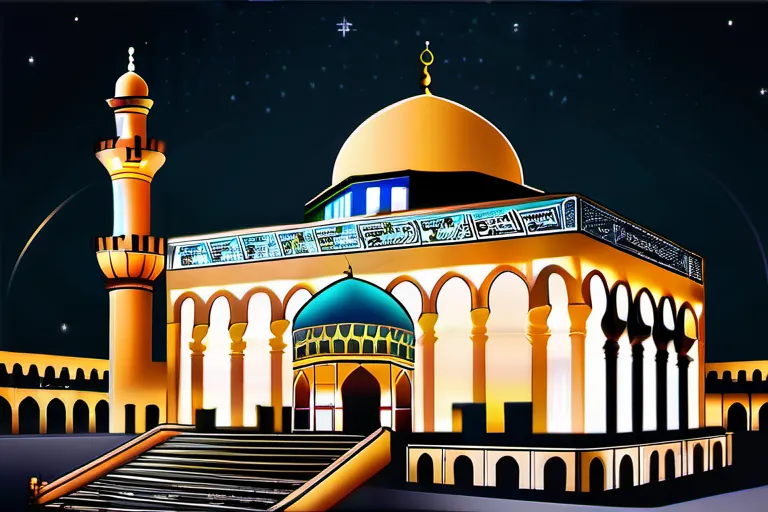 An image depicting the majestic Al-Aqsa Mosque at night, with a glowing dome and intricate architectural details. - Al-Aqsa Mosque