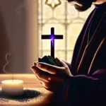 An image of a Christian receiving ashes on Ash Wednesday with a cross in the background. - Ash Wednesday