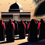 An image depicting a somber procession or a crowd gathered around a mausoleum, symbolizing the mourning and remembrance associated with Ashura. - Ashura in Islam