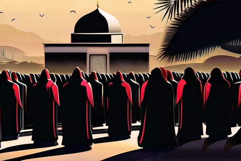 An image depicting a somber procession or a crowd gathered around a mausoleum, symbolizing the mourning and remembrance associated with Ashura. - Ashura in Islam