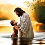 A beautiful illustration of Jesus baptizing John the Baptist in a serene river setting. - baptism, Christianity