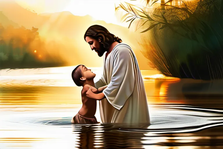 A beautiful illustration of Jesus baptizing John the Baptist in a serene river setting. - baptism, Christianity