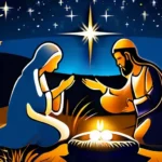 A beautifully lit nativity scene with Mary, Joseph, and baby Jesus under a starry night sky. - Christmas Eve in Christianity