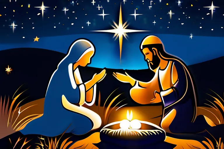 A beautifully lit nativity scene with Mary, Joseph, and baby Jesus under a starry night sky. - Christmas Eve in Christianity