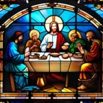 A beautiful, stained-glass window depicting Jesus Christ breaking bread with his disciples. - Communion in Christianity