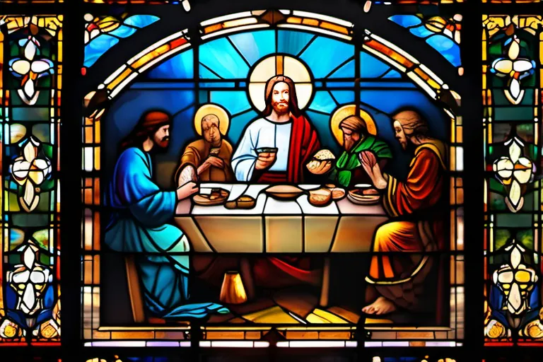 A beautiful, stained-glass window depicting Jesus Christ breaking bread with his disciples. - Communion in Christianity