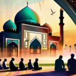 A vibrant image depicting a mosque with people performing Eid prayers, symbolizing unity and faith during Eid al-Adha. - Eid al-Adha