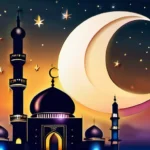 A serene image of a mosque at sunset with a crescent moon and stars, symbolizing the holy month of Ramadan. - fasting in islam