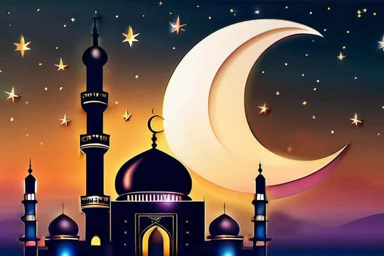 A serene image of a mosque at sunset with a crescent moon and stars, symbolizing the holy month of Ramadan. - fasting in islam