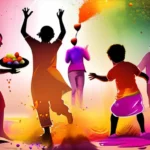 A colorful image depicting a joyous Holi celebration with people playing with colors, water balloons, and enjoying sweets. - Holi, Festival of Colors, Hinduism