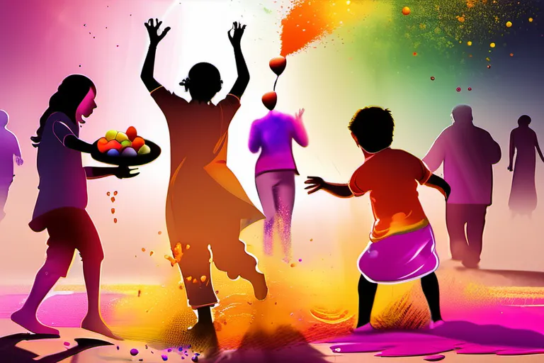 A colorful image depicting a joyous Holi celebration with people playing with colors, water balloons, and enjoying sweets. - Holi, Festival of Colors, Hinduism