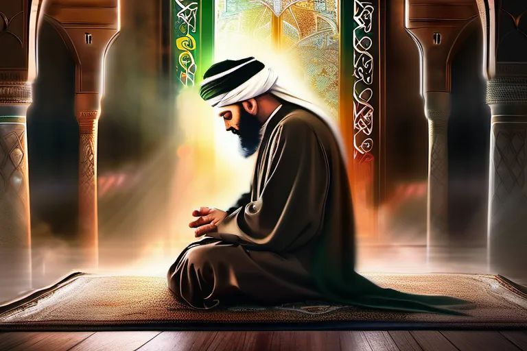 A powerful image depicting Imam Ali in prayer, symbolizing his deep spiritual connection and leadership. - Imam Ali, Shia Islam, Islamic history