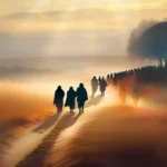 A serene image of a group of people walking towards a sacred site, symbolizing the journey of pilgrimage. - pilgrimage significance