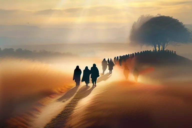 A serene image of a group of people walking towards a sacred site, symbolizing the journey of pilgrimage. - pilgrimage significance