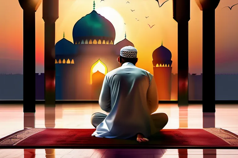 A serene mosque at sunset with a Muslim praying, symbolizing the significance of prayer in Islam. - Islamic Prayer