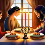 A serene image of a Jewish family gathered around a beautifully set Shabbat table. - Shabbat