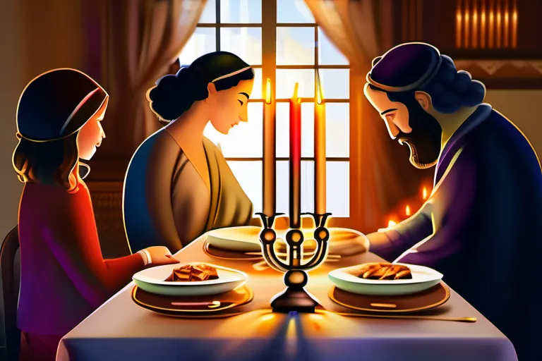 A serene image of a Jewish family gathered around a beautifully set Shabbat table. - Shabbat