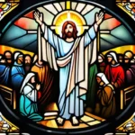 A stained-glass window depicting the resurrected Christ surrounded by a congregation on a Sunday morning. - Christianity, Sunday, Significance