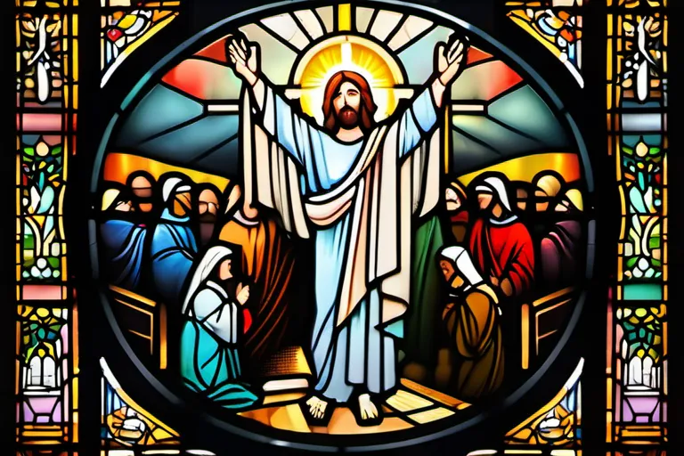 A stained-glass window depicting the resurrected Christ surrounded by a congregation on a Sunday morning. - Christianity, Sunday, Significance