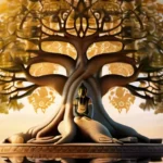 An image depicting a serene Bodhi Tree under a clear sky, with intricate carvings and a peaceful atmosphere, symbolizing enlightenment and wisdom in Buddhism. - Bodhi Tree in Buddhism