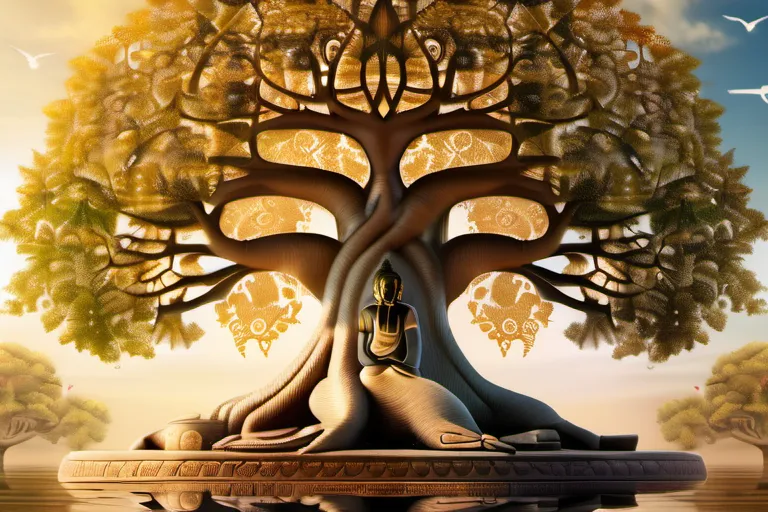 An image depicting a serene Bodhi Tree under a clear sky, with intricate carvings and a peaceful atmosphere, symbolizing enlightenment and wisdom in Buddhism. - Bodhi Tree in Buddhism