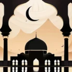 A stylized, minimalist illustration of a crescent moon against a backdrop of Islamic architecture. - crescent moon Islam