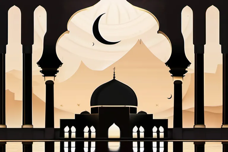 A stylized, minimalist illustration of a crescent moon against a backdrop of Islamic architecture. - crescent moon Islam