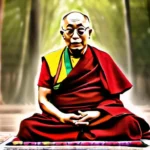 A serene image of the Dalai Lama meditating in a peaceful setting, symbolizing his connection to Buddhism and inner peace. - Dalai Lama Buddhism