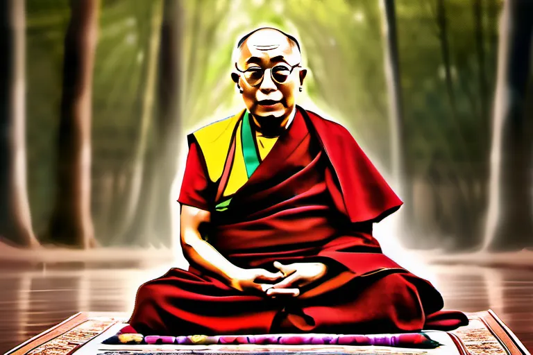 A serene image of the Dalai Lama meditating in a peaceful setting, symbolizing his connection to Buddhism and inner peace. - Dalai Lama Buddhism