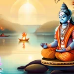 An illustration of a serene, holy Ganges River with various Hindu deities and religious symbols. - Ganges River in Hinduism