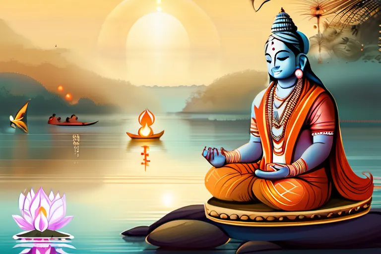 An illustration of a serene, holy Ganges River with various Hindu deities and religious symbols. - Ganges River in Hinduism