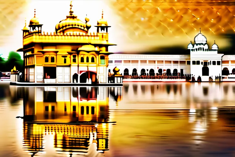 A serene image of the Golden Temple in Amritsar, with a backdrop of the Sikh holy scripture, the Guru Granth Sahib. - Sikhism, Guru, Religion