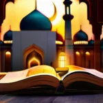 A beautiful mosque at sunset with a golden Hadith book open on a prayer mat. - Islam, Hadith, Prophet Muhammad, Islamic tradition