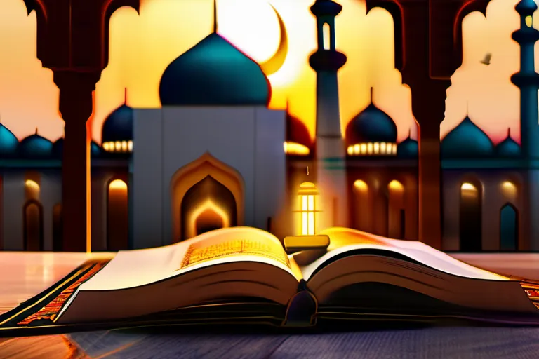 A beautiful mosque at sunset with a golden Hadith book open on a prayer mat. - Islam, Hadith, Prophet Muhammad, Islamic tradition