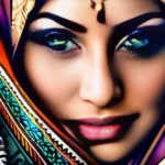 A close-up image of a woman wearing a hijab, with intricate patterns and colors that represent Islamic art. - hijab in islam