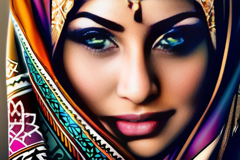 A close-up image of a woman wearing a hijab, with intricate patterns and colors that represent Islamic art. - hijab in islam