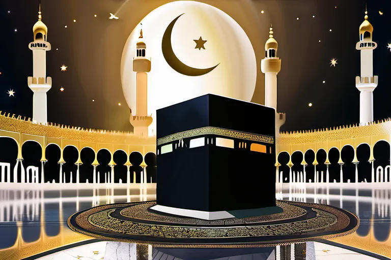 A visually appealing cover image featuring a detailed illustration or photograph of the Kaaba with the crescent moon and star of Islam prominently displayed. - Kaaba in Islam